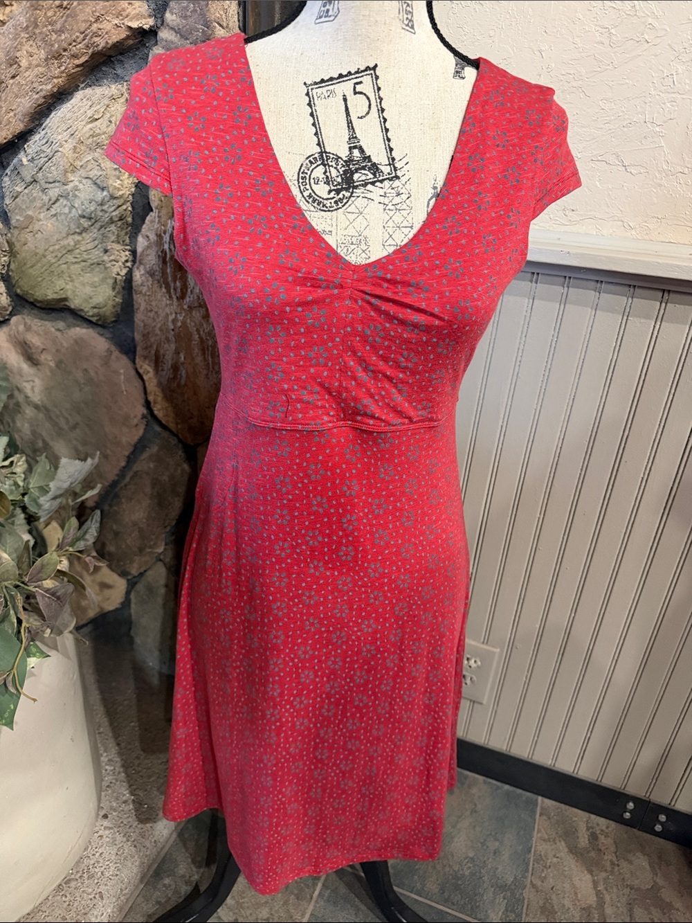 Toad&Co Coral Red Mini Dress with Tiny Blue Floral Print